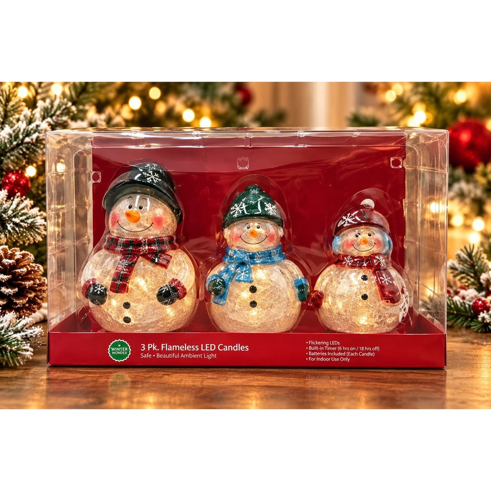 Winter Wonder 3pc Snowman Flameless LED Candles Christmas Decor Timer NIB